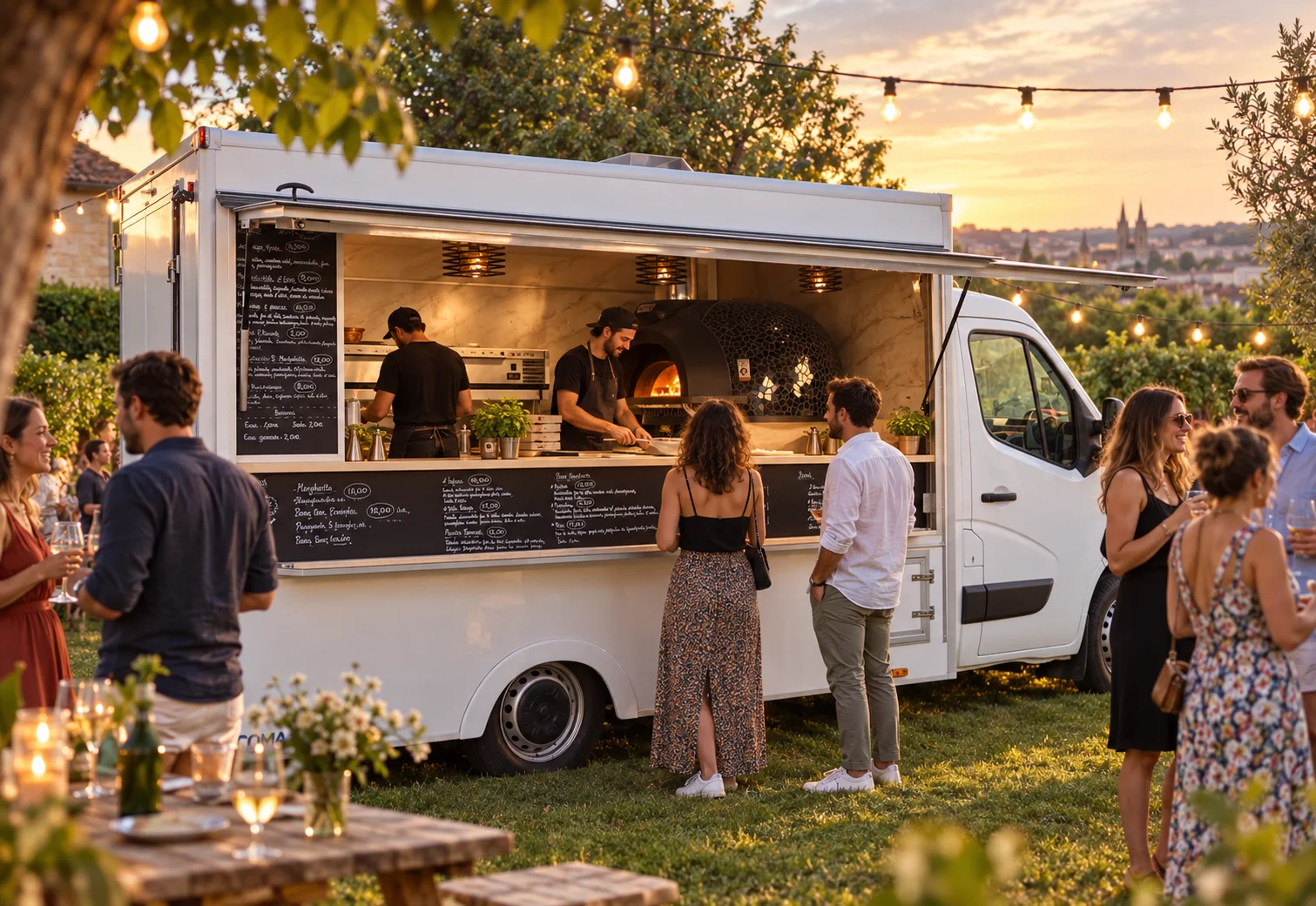 Ambiance de fête autour du foodtruck, sous des guirlandes lumineuses — illustration générée