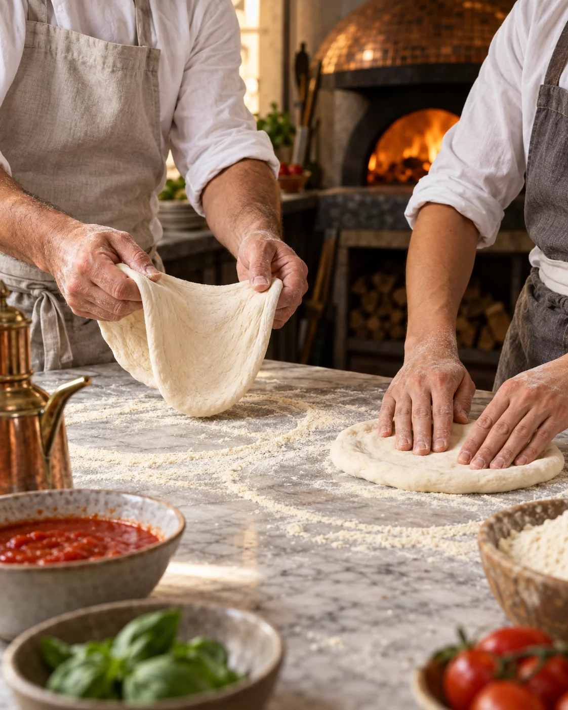 Deux pizzaiolos transmettent les gestes du façonnage, cadrés sur les mains — illustration générée
