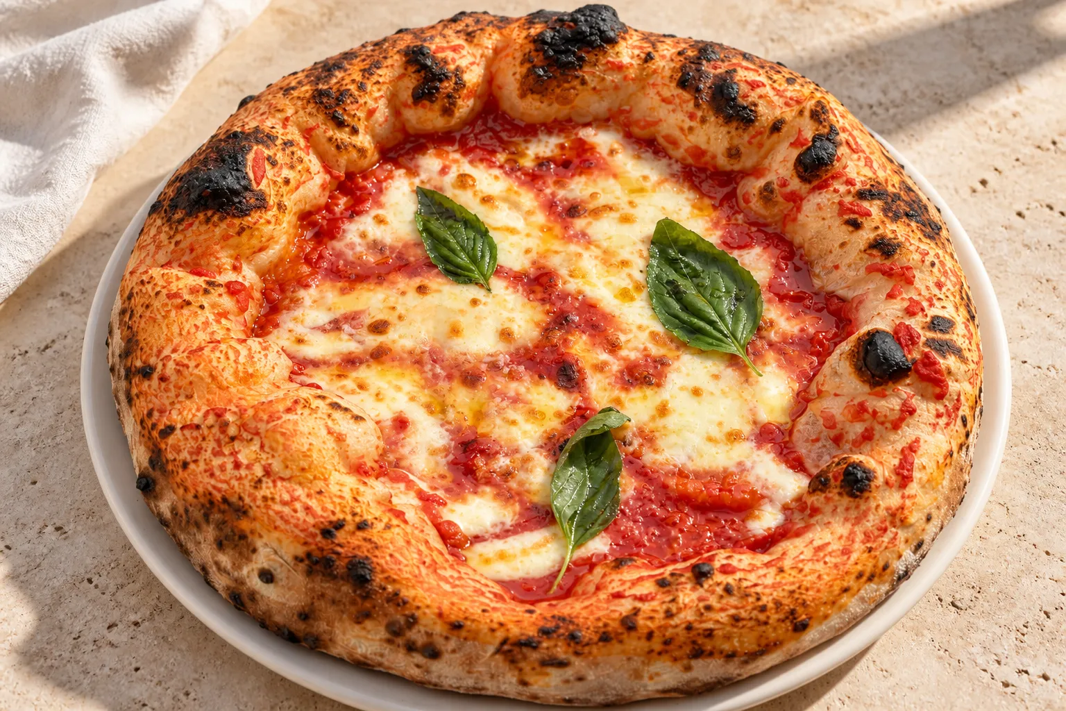 Pizza napolitaine aux bords dorés, tomate, mozzarella et basilic